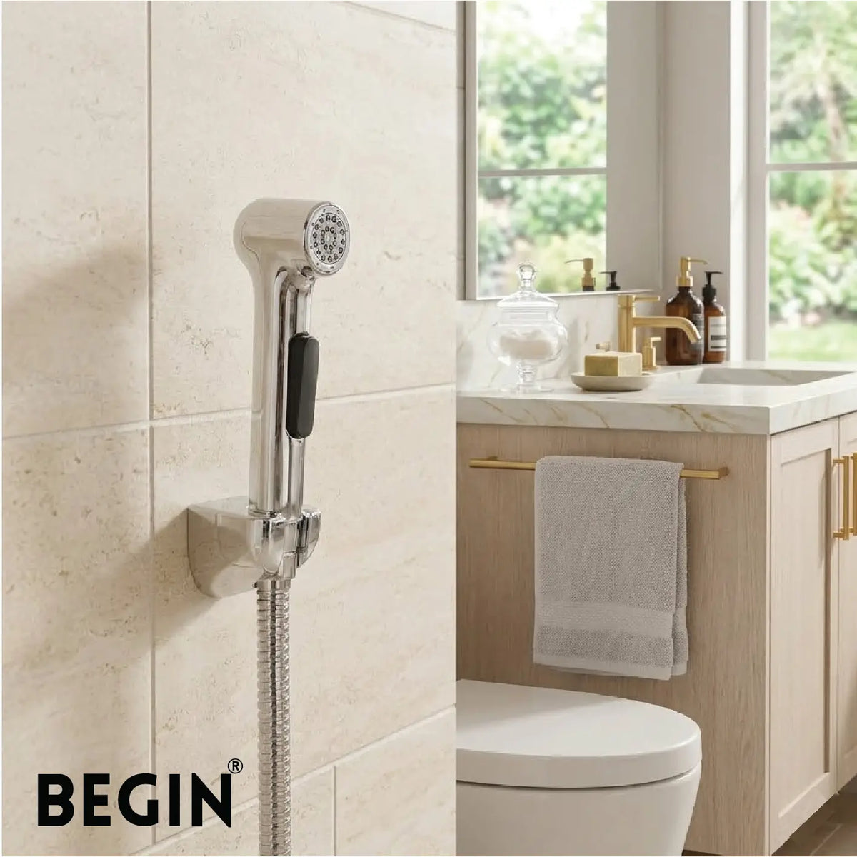Aura Hi-Rise Health Faucet Set | Chrome | Jet Spray | Begin