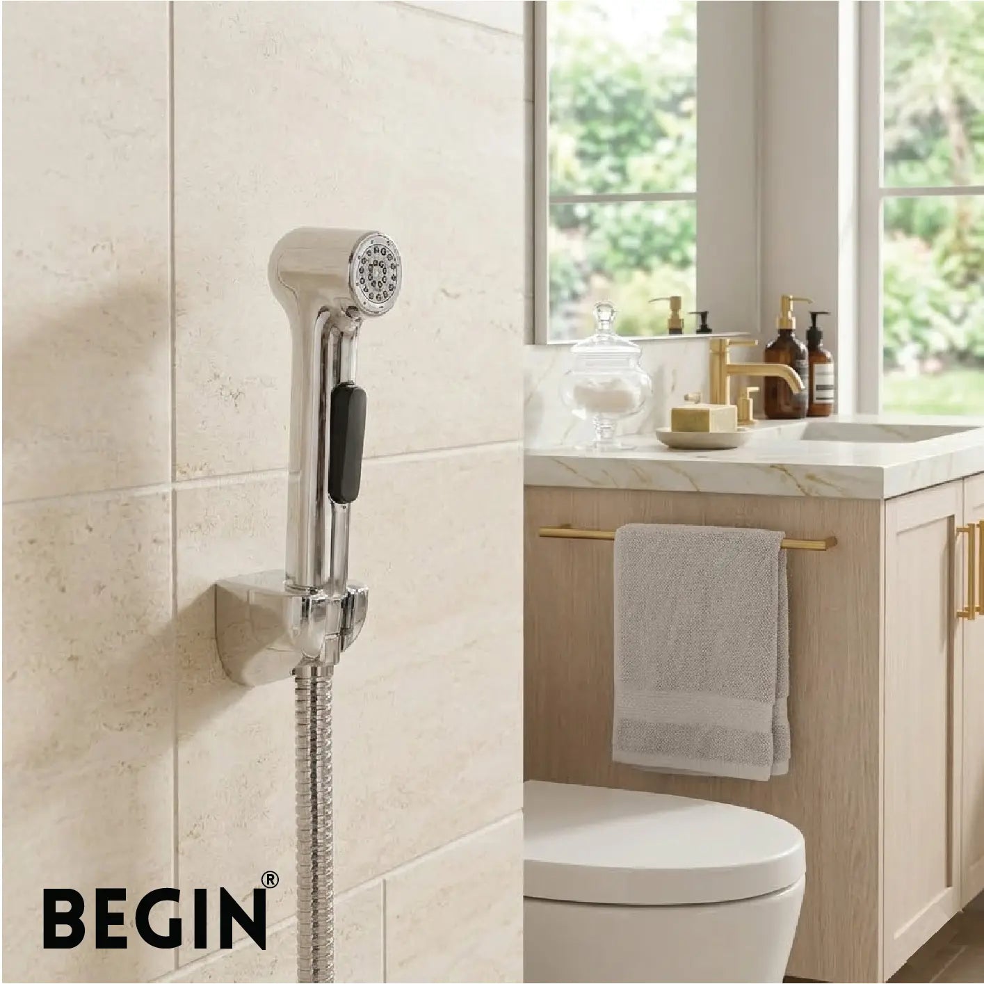 Aura Hi-Rise Health Faucet Set | Chrome | Jet Spray | Begin