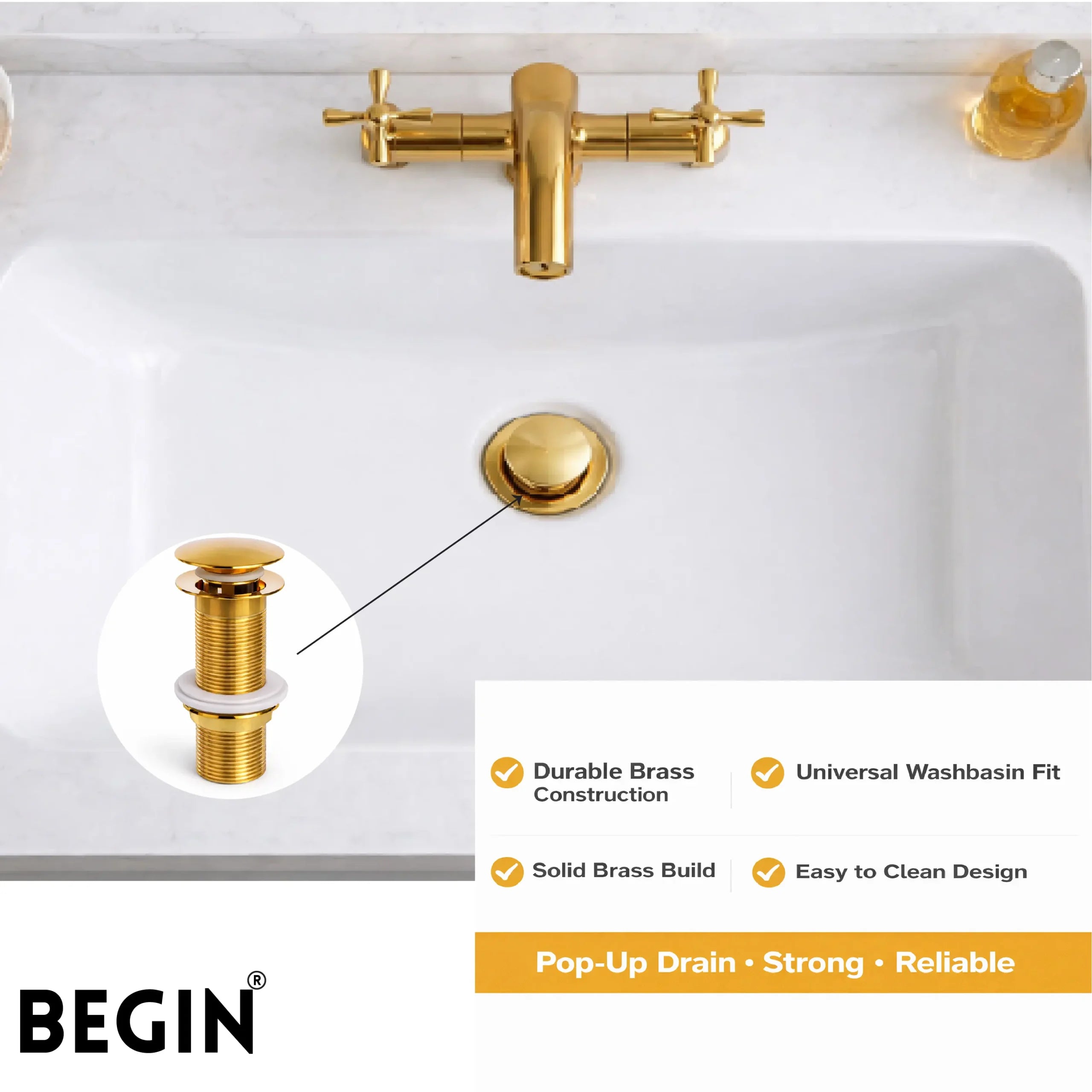 Pop Up Waste Coupling 5 Inch Glossy Gold AA0071GG – Basin Drain | Begin Faucets